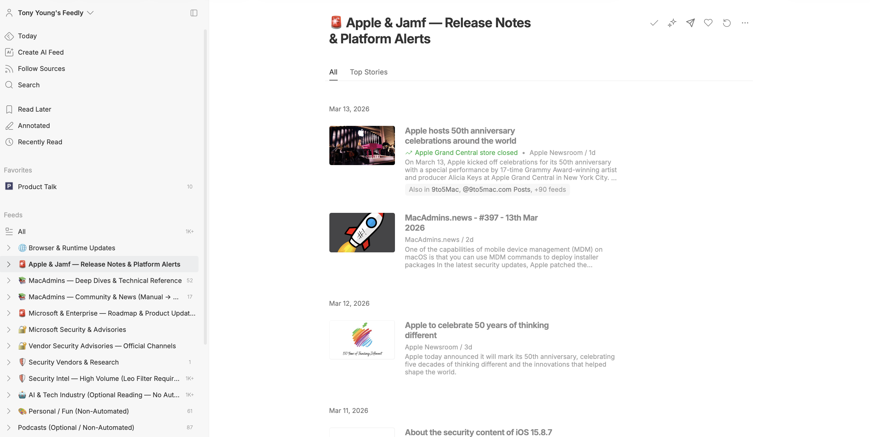 Feedly Dashboard Feed for Apple & Jamf Release Notes and Platform Alerts