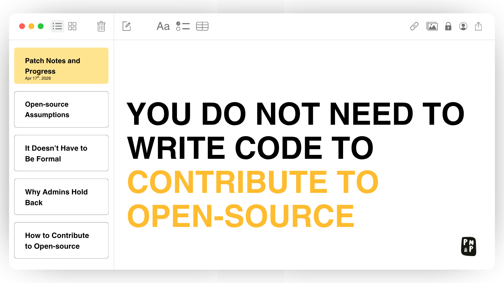 A replica of the Apple Notes App with the description of the blog post title.