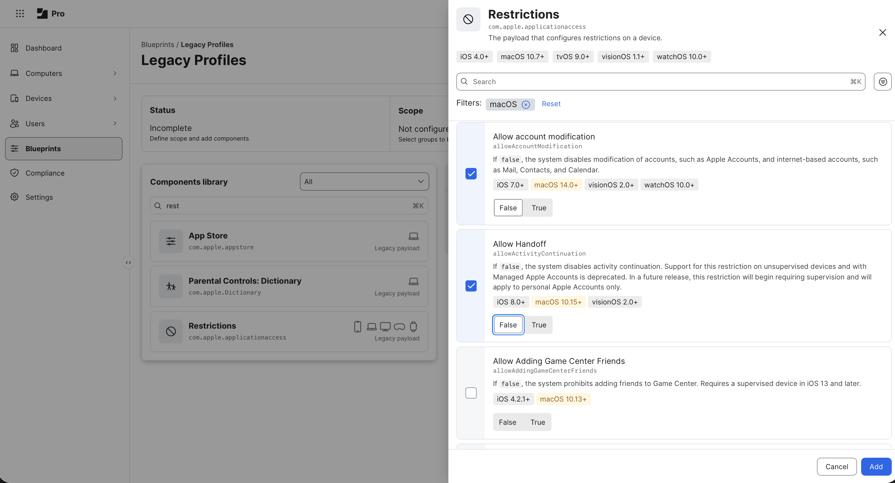 Configuring Restrictions via Jamf Blueprints with the ability to leave out specific keys.