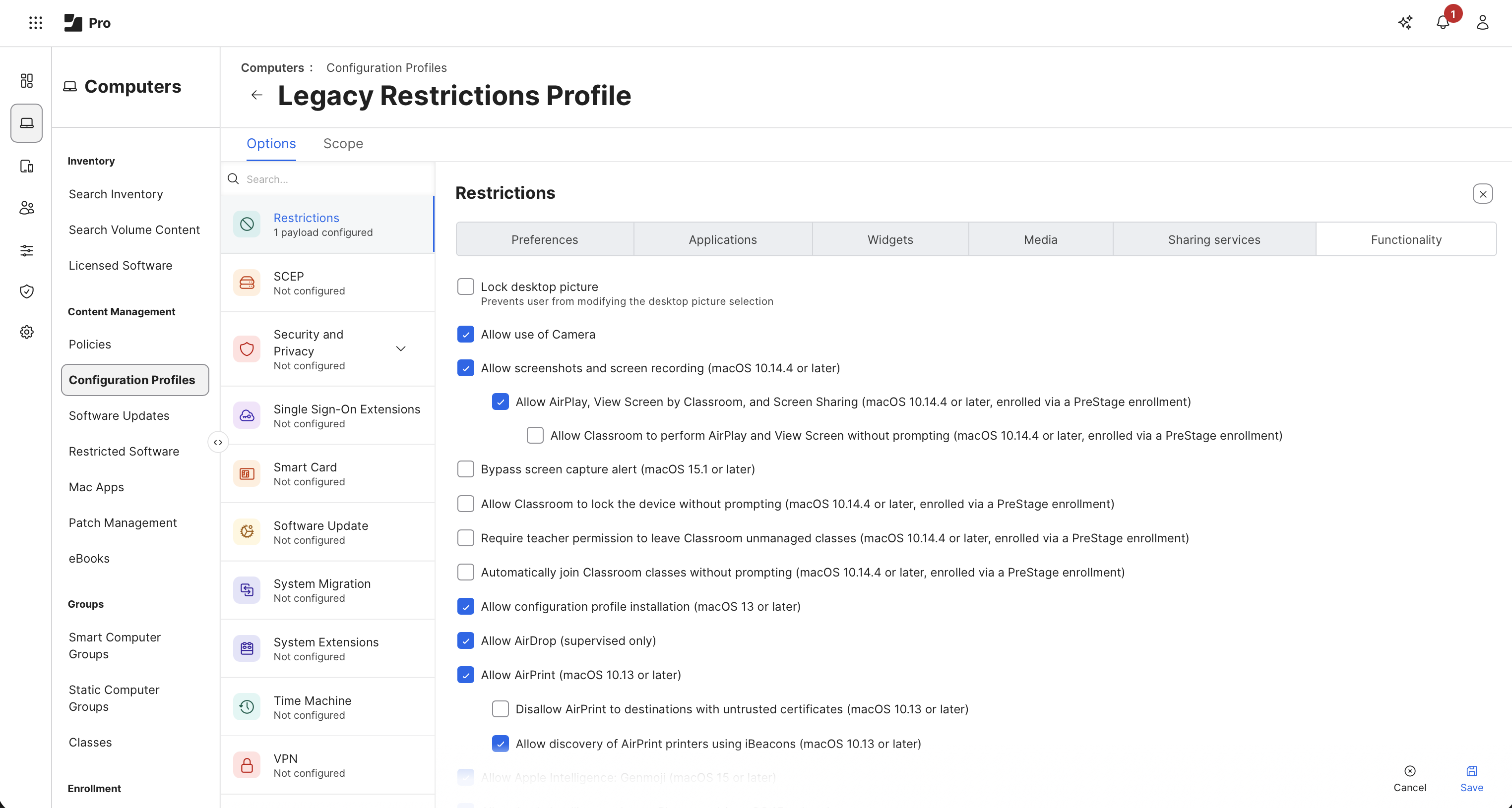 Configuring Restrictions in Computers > Configuration Profiles