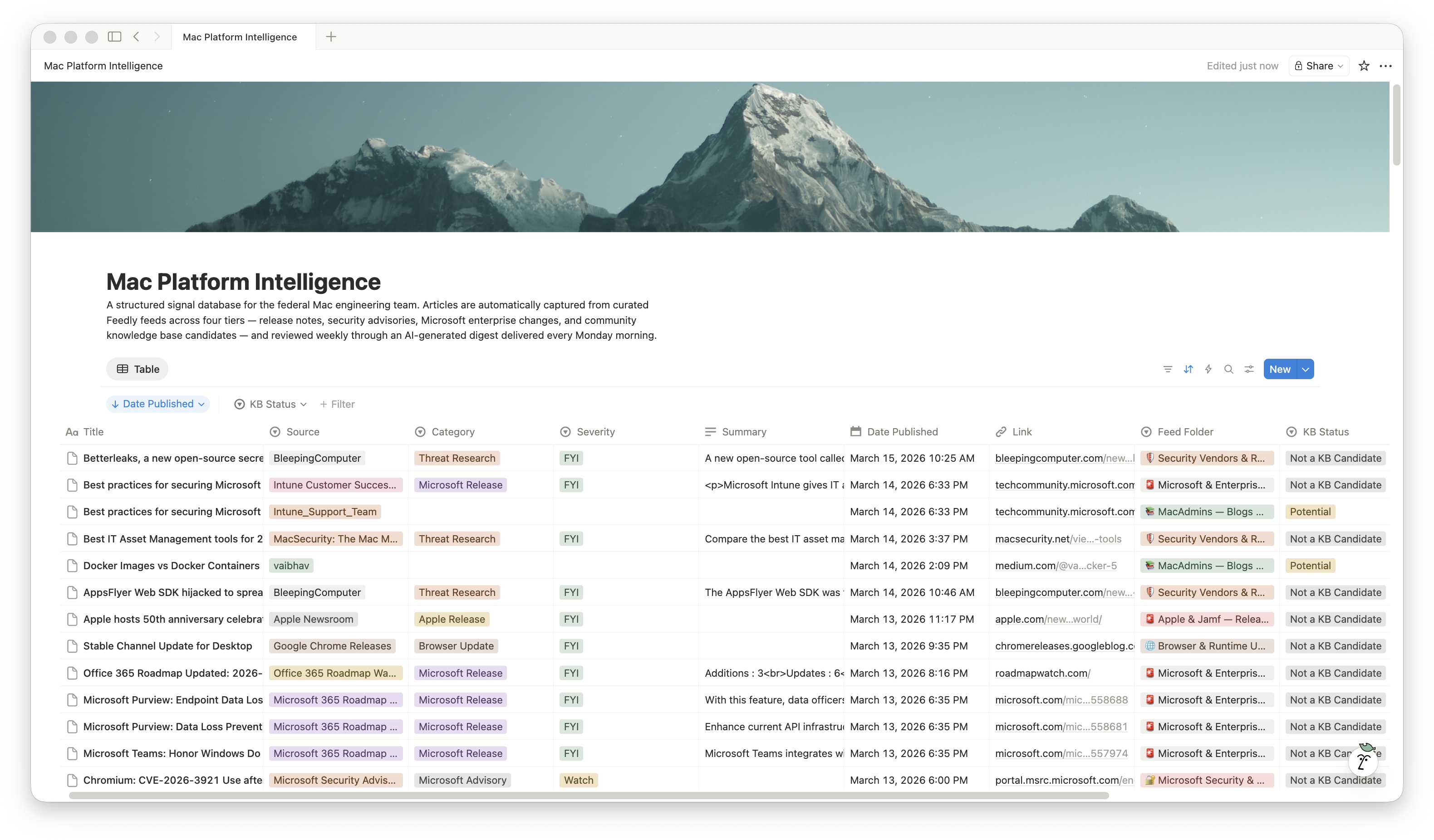 Notion application showing the Mac Platform Intelligence database