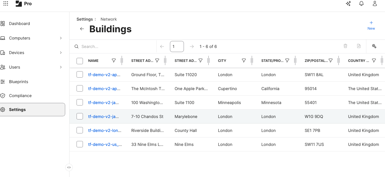 Screenshot from Jamf Pro showing Terraform created new building entries from demo data
