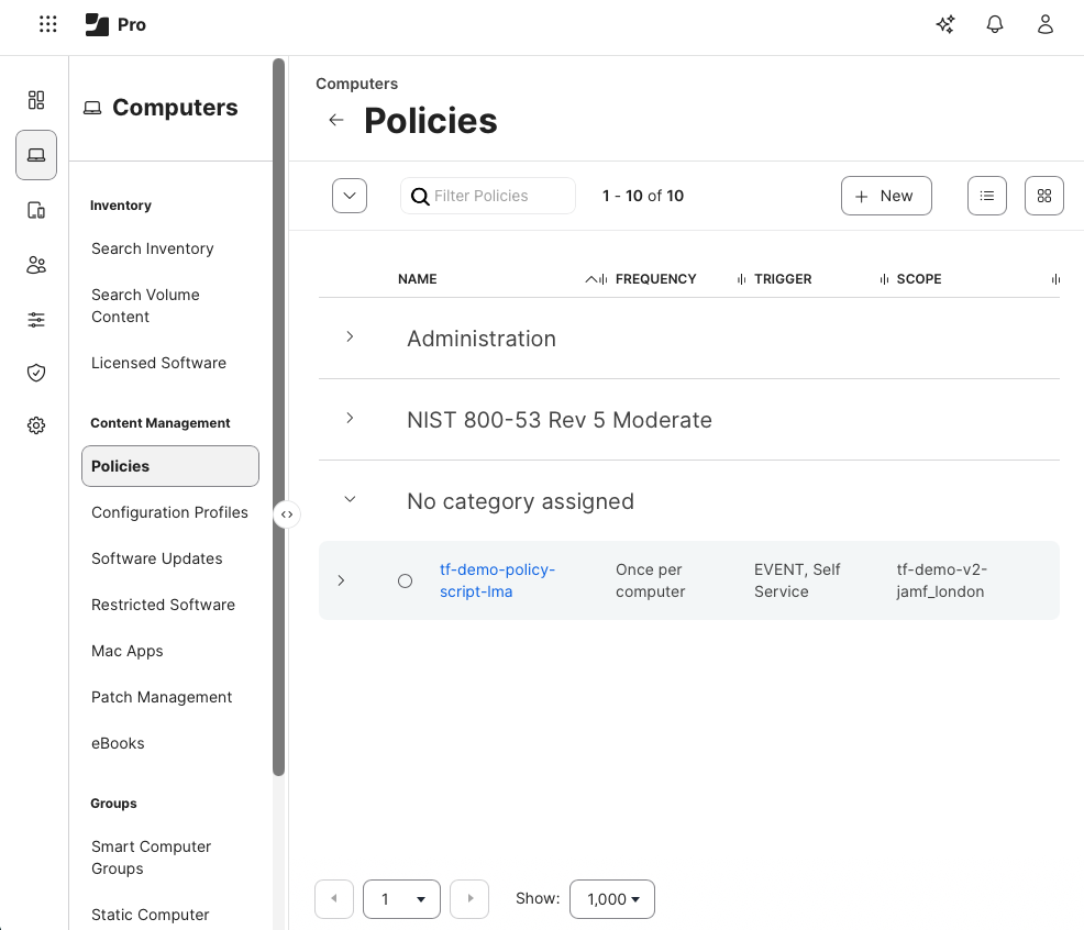 Screenshot from Jamf Pro showing Terraform created a new policy